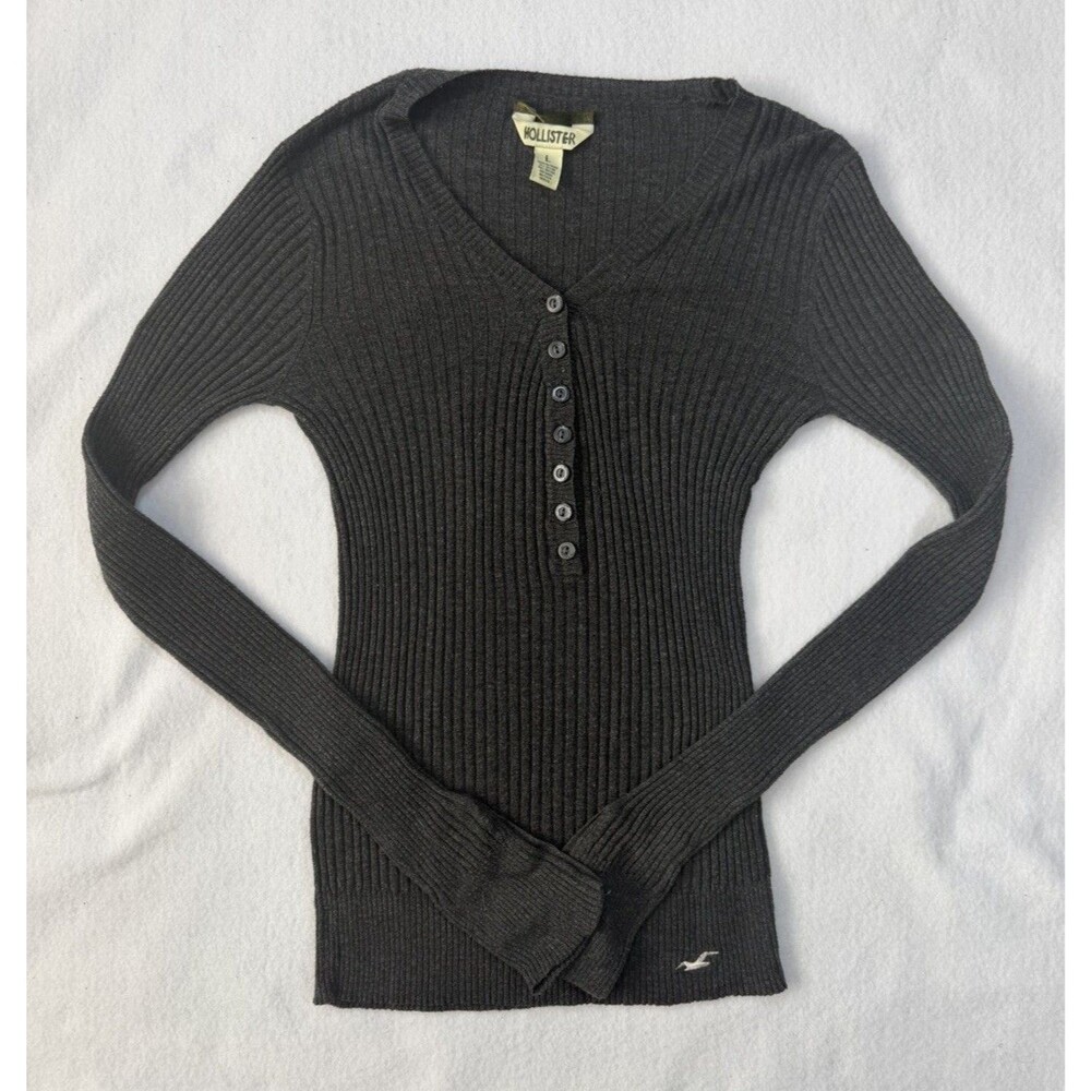 Hollister Women’s Large Ribbed Henley Top Gray Y2K 2000s Long Sleeve Sz L